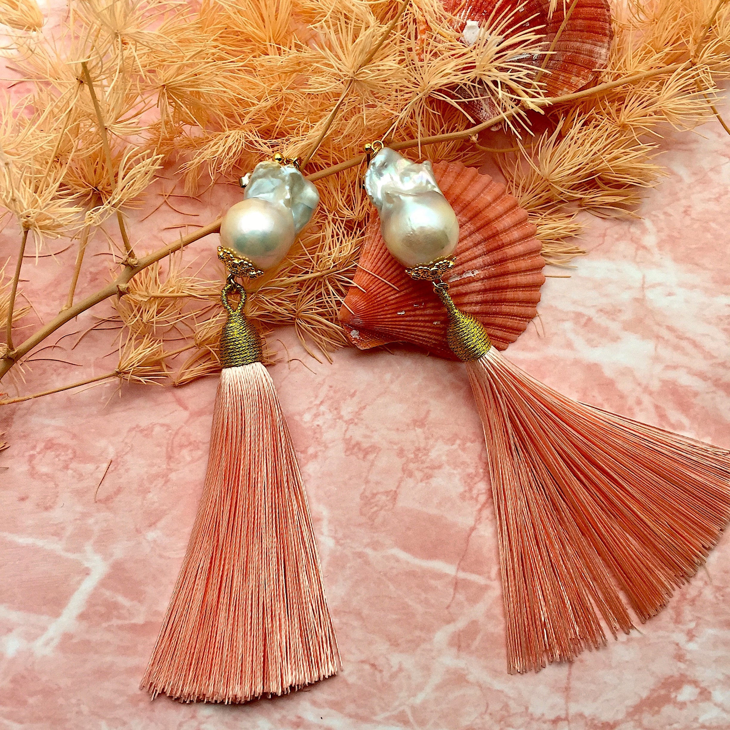 Baroque Pearl Pink Tassel Earrings DE214-3
