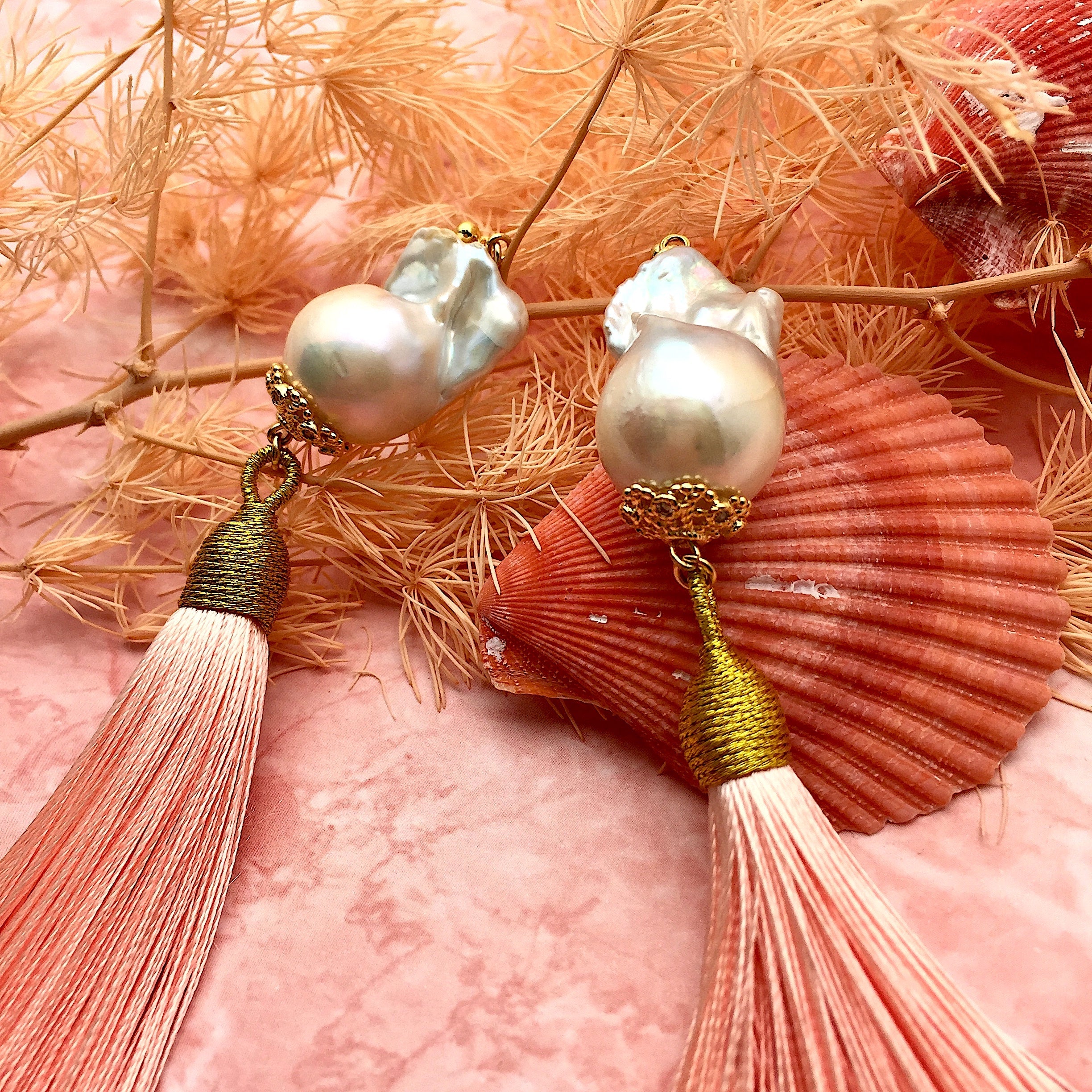 Baroque Pearl Pink Tassel Earrings DE214-4